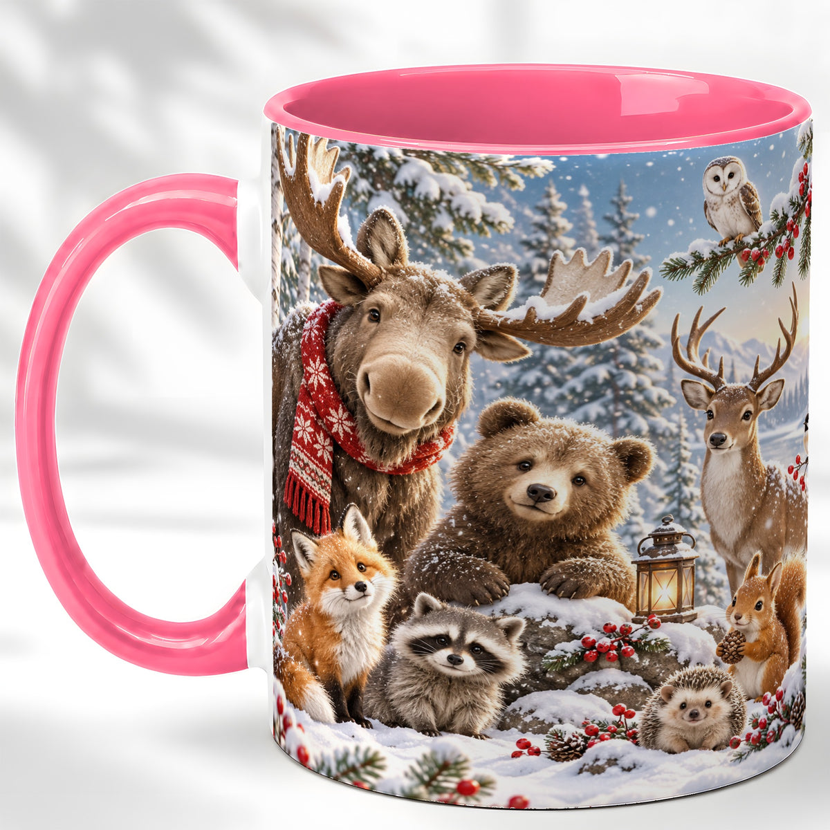 #pl[11oz|Pink] Winter Wildlife Coffee Mug, Forest Animals Mug, Ceramic Cup