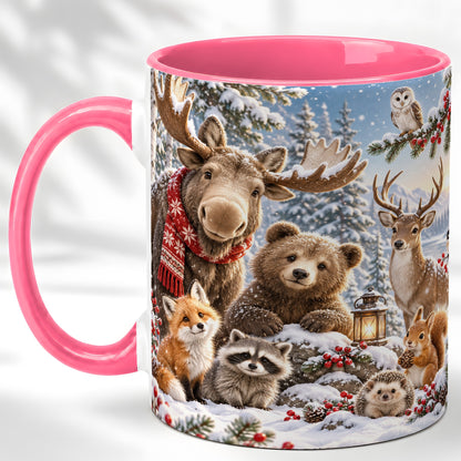 #pl[11oz|Pink] Winter Wildlife Coffee Mug, Forest Animals Mug, Ceramic Cup