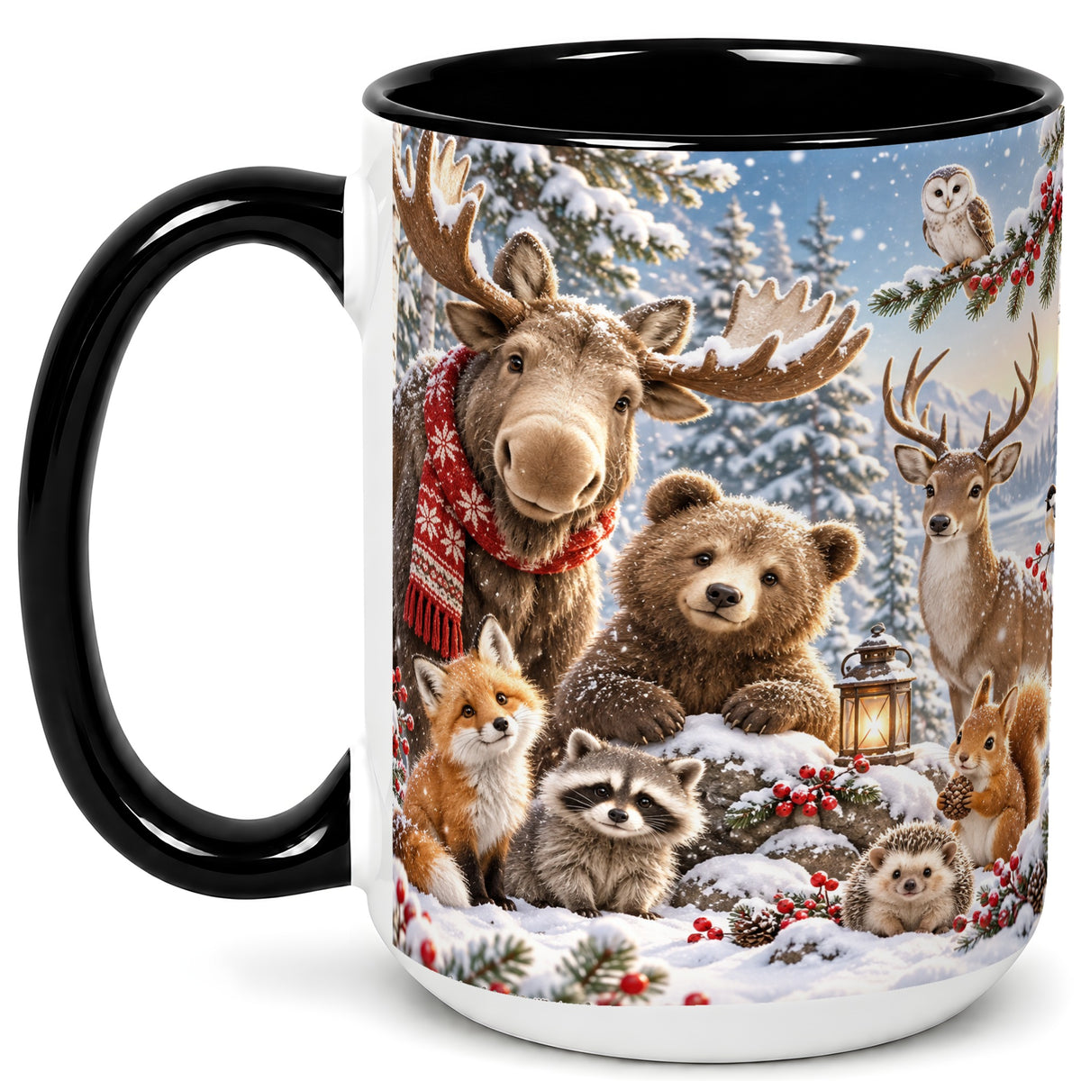 #pl[15oz|Black] Winter Wildlife Coffee Mug, Forest Animals Mug, Ceramic Cup