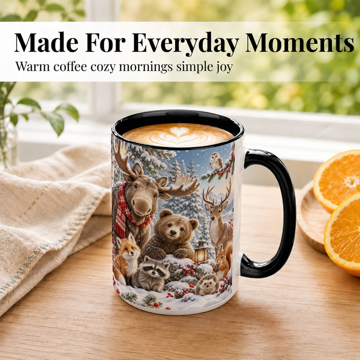 #pl[15oz|Black] Winter Wildlife Coffee Mug, Forest Animals Mug, Ceramic Cup