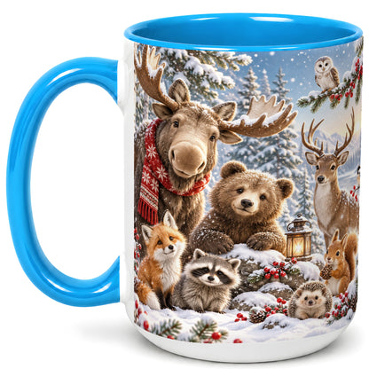 #pl[15oz|Blue] Winter Wildlife Coffee Mug, Forest Animals Mug, Ceramic Cup