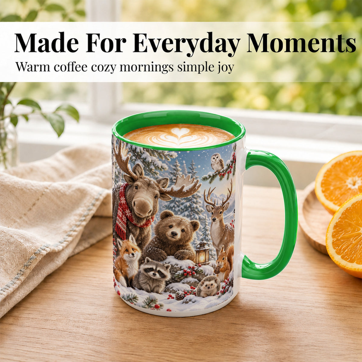 #pl[15oz|Green] Winter Wildlife Coffee Mug, Forest Animals Mug, Ceramic Cup