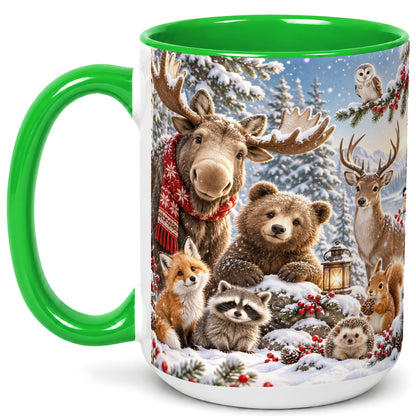 #pl[15oz|Green] Winter Wildlife Coffee Mug, Forest Animals Mug, Ceramic Cup