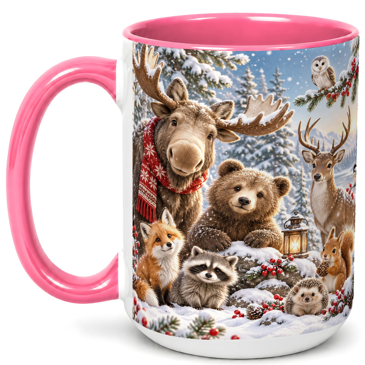 #pl[15oz|Pink] Winter Wildlife Coffee Mug, Forest Animals Mug, Ceramic Cup