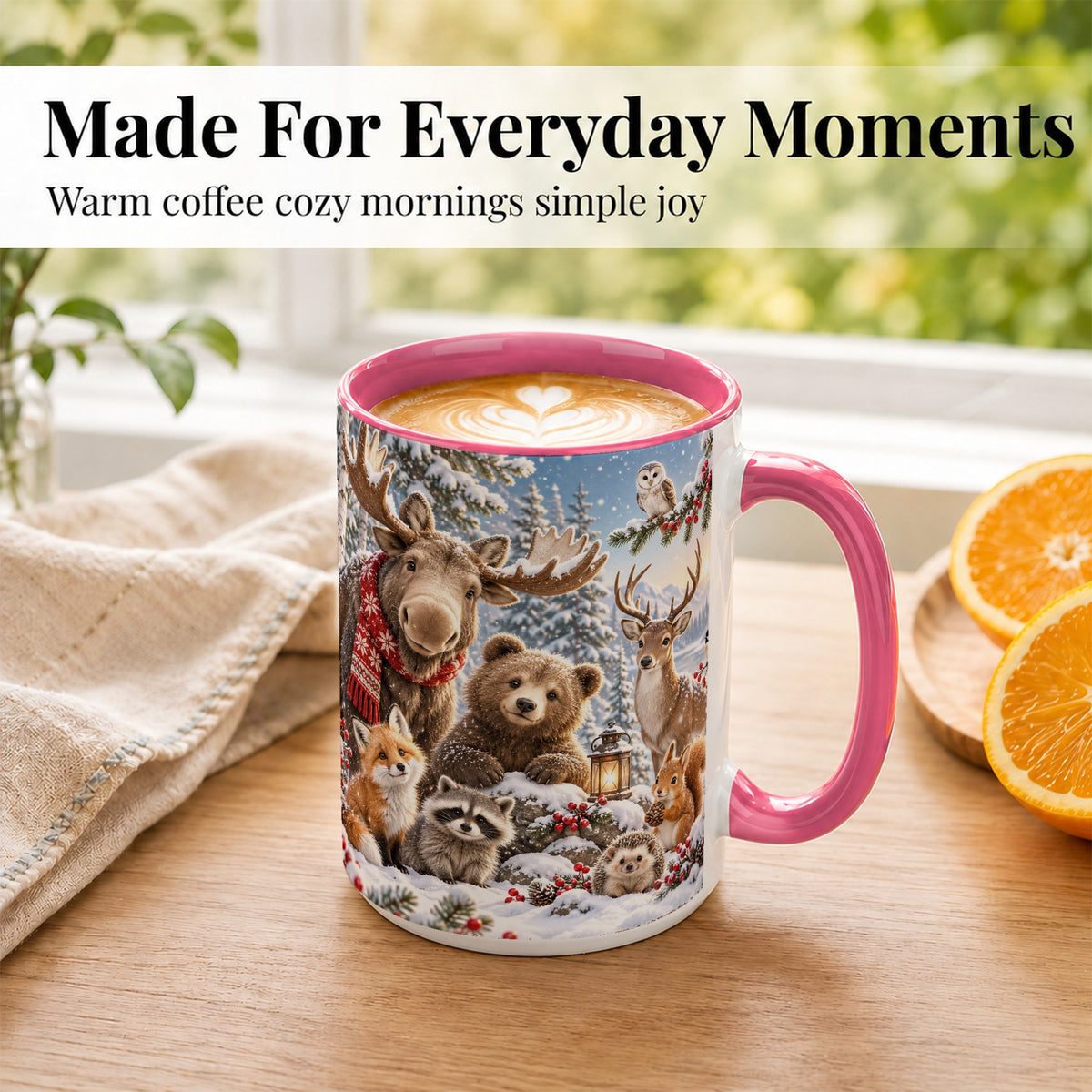 #pl[15oz|Pink] Winter Wildlife Coffee Mug, Forest Animals Mug, Ceramic Cup