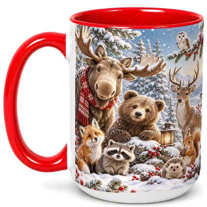 #pl[15oz|Red] Winter Wildlife Coffee Mug, Forest Animals Mug, Ceramic Cup