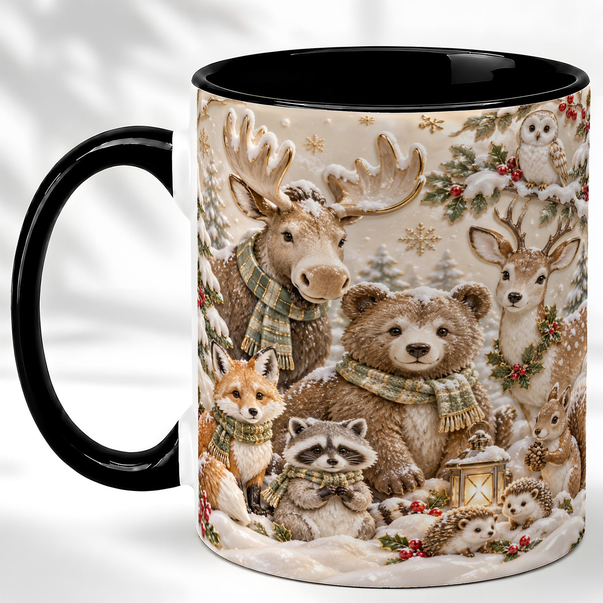 #pl[11oz|Black] Porcelain Woodland Coffee Mug, Winter Animals Mug, Ceramic Cup