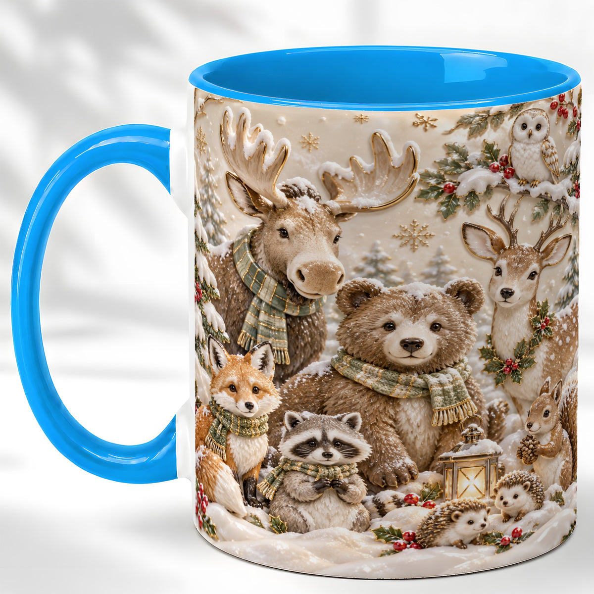 #pl[11oz|Blue] Porcelain Woodland Coffee Mug, Winter Animals Mug, Ceramic Cup
