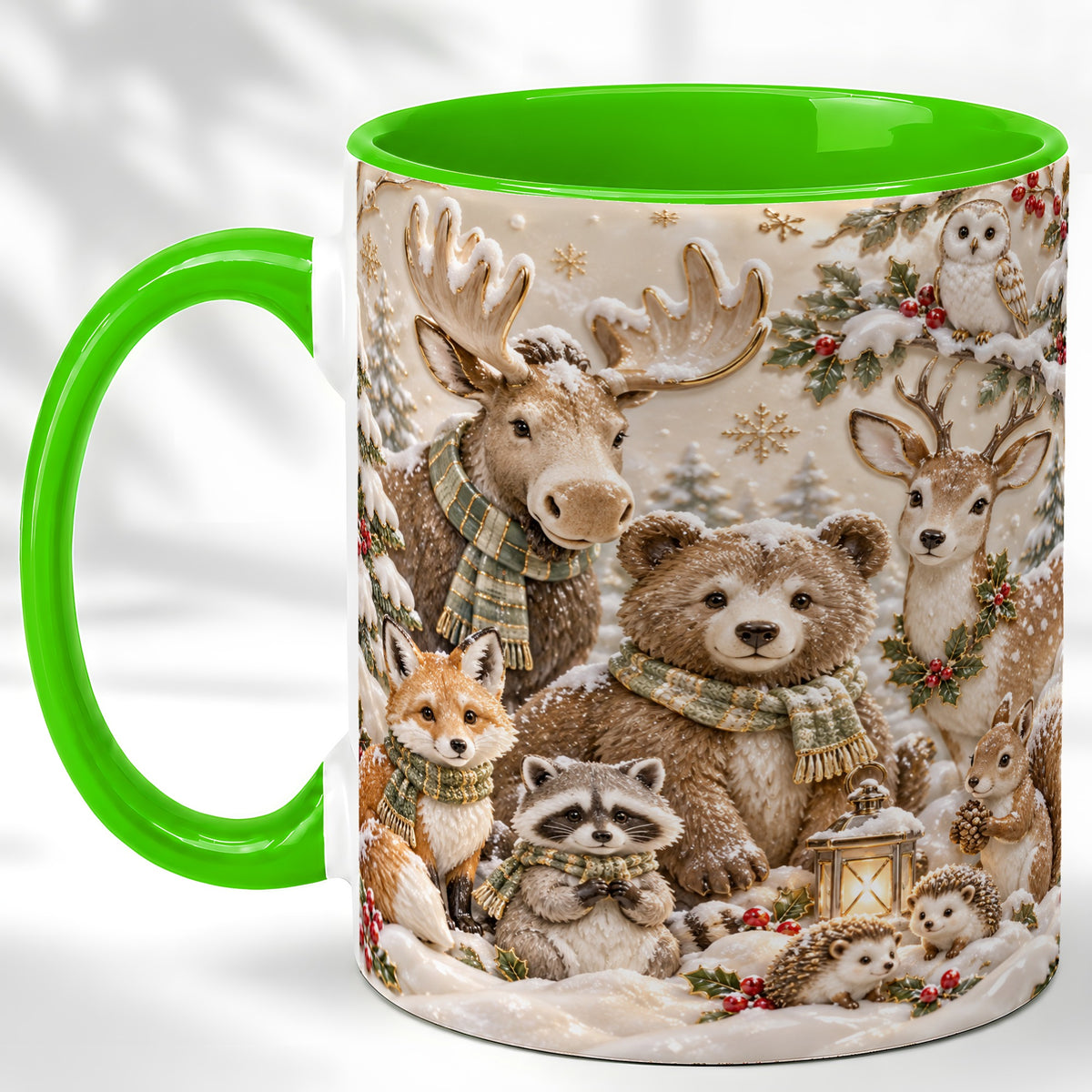 #pl[11oz|Green] Porcelain Woodland Coffee Mug, Winter Animals Mug, Ceramic Cup