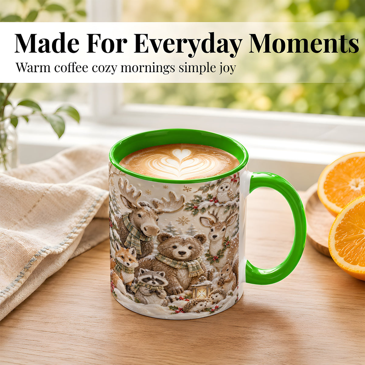 #pl[11oz|Green] Porcelain Woodland Coffee Mug, Winter Animals Mug, Ceramic Cup