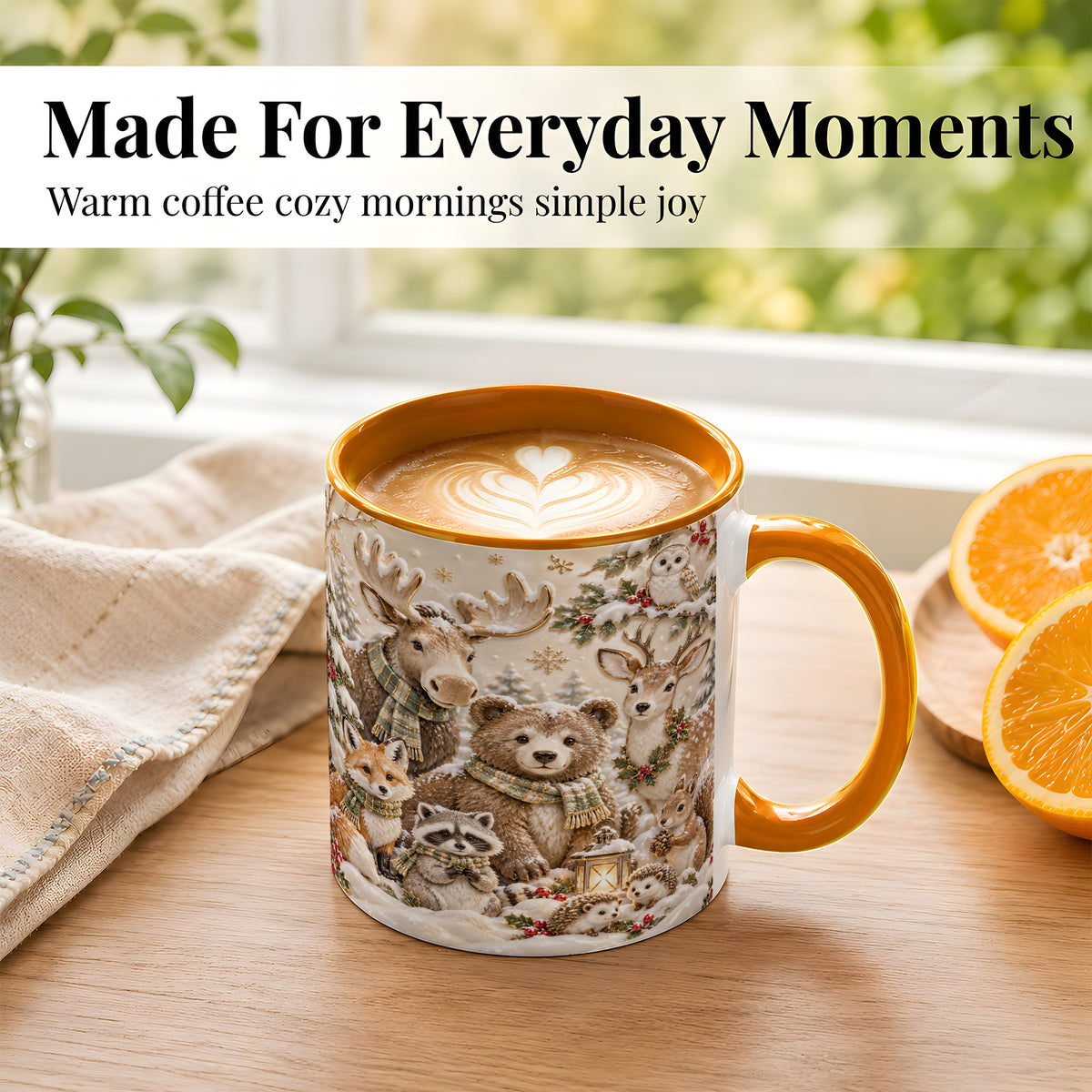 #pl[11oz|Orange] Porcelain Woodland Coffee Mug, Winter Animals Mug, Ceramic Cup