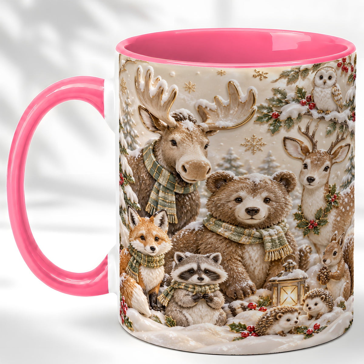 #pl[11oz|Pink] Porcelain Woodland Coffee Mug, Winter Animals Mug, Ceramic Cup