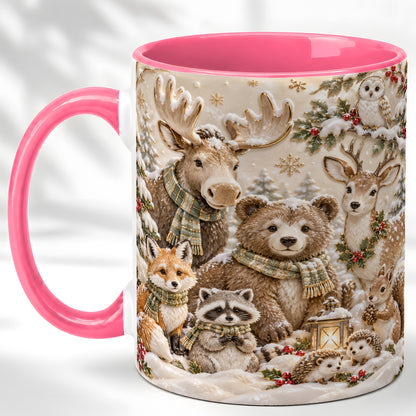 #pl[11oz|Pink] Porcelain Woodland Coffee Mug, Winter Animals Mug, Ceramic Cup