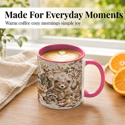 #pl[11oz|Pink] Porcelain Woodland Coffee Mug, Winter Animals Mug, Ceramic Cup