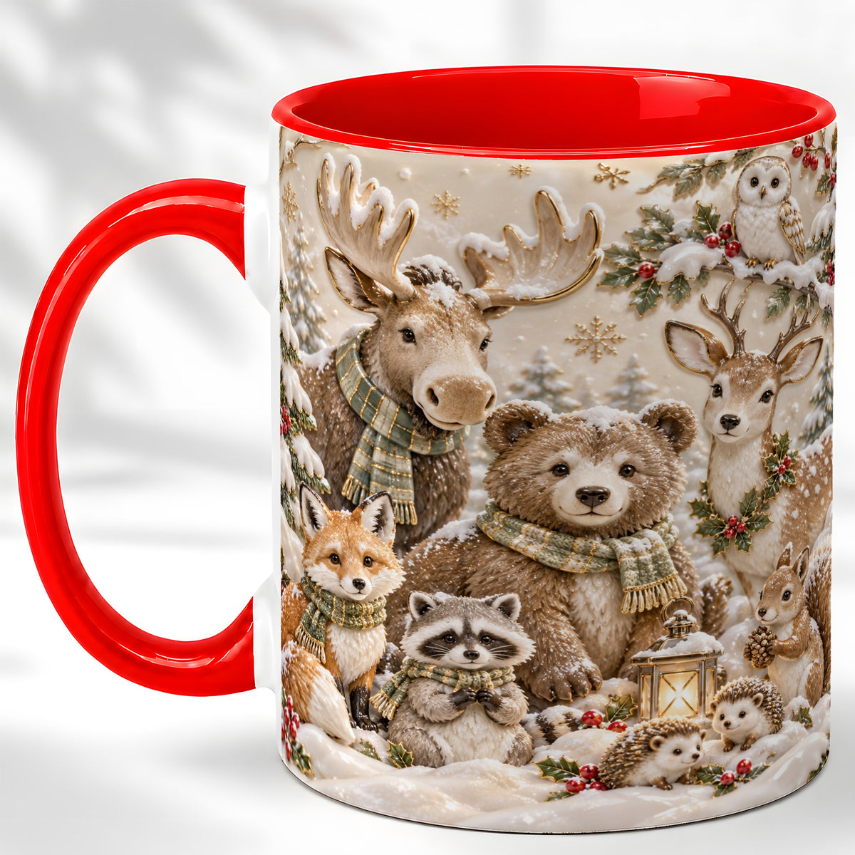 Porcelain Woodland Coffee Mug, Winter Animals Mug, Ceramic Cup