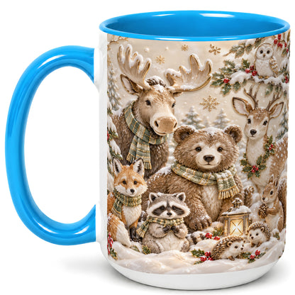 #pl[15oz|Blue] Porcelain Woodland Coffee Mug, Winter Animals Mug, Ceramic Cup