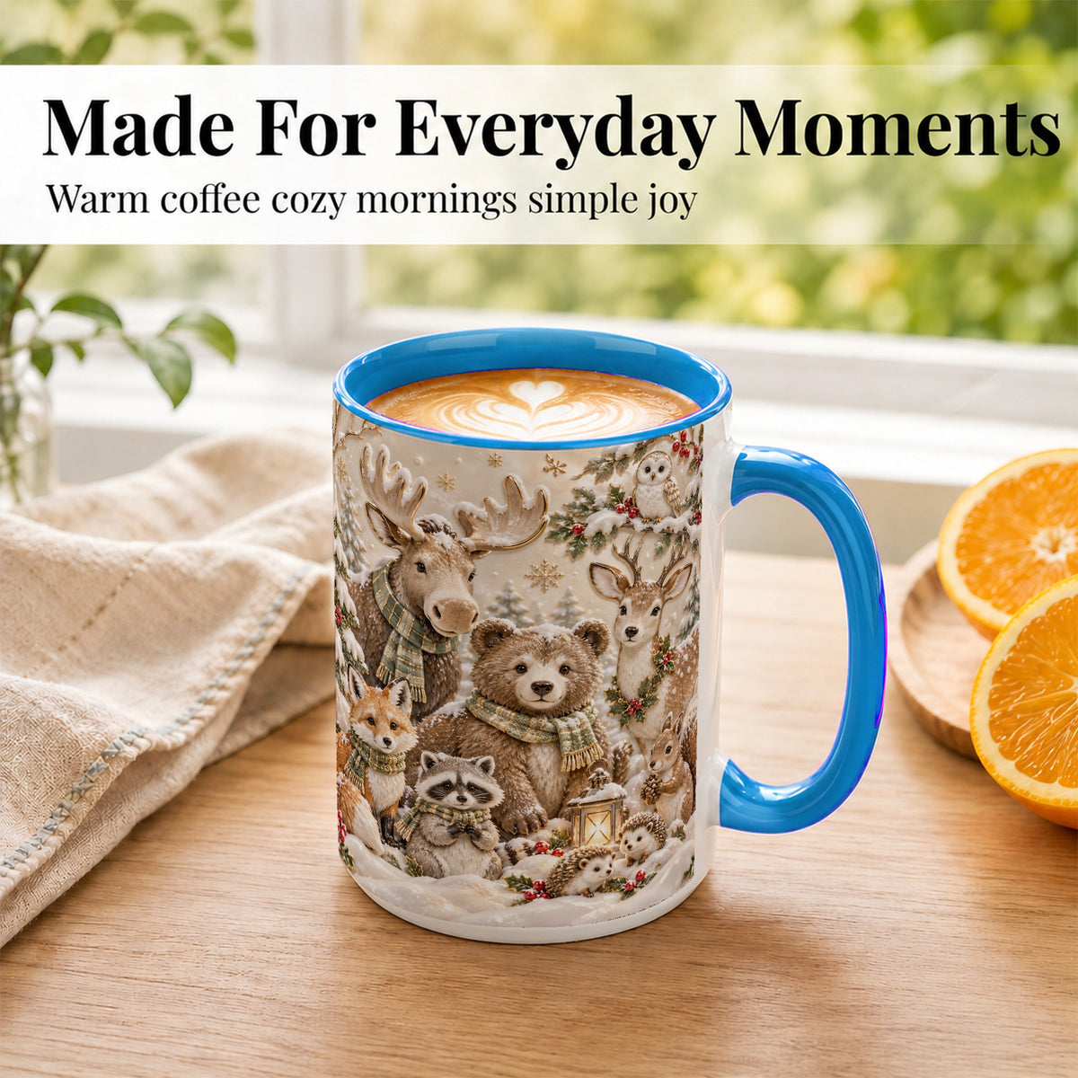 #pl[15oz|Blue] Porcelain Woodland Coffee Mug, Winter Animals Mug, Ceramic Cup