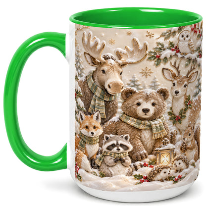 #pl[15oz|Green] Porcelain Woodland Coffee Mug, Winter Animals Mug, Ceramic Cup