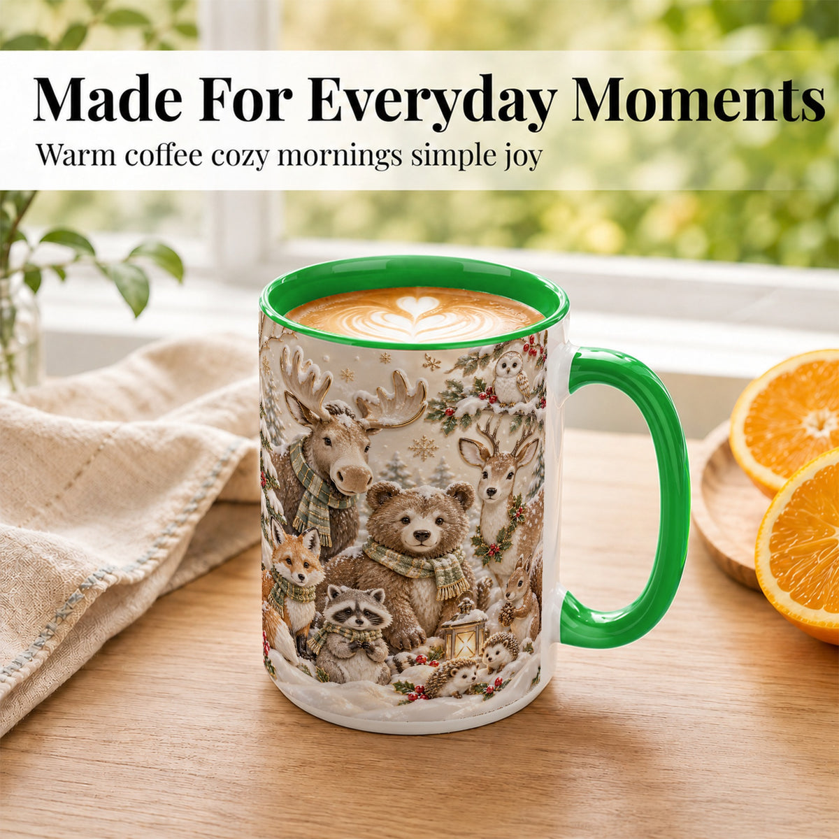 #pl[15oz|Green] Porcelain Woodland Coffee Mug, Winter Animals Mug, Ceramic Cup