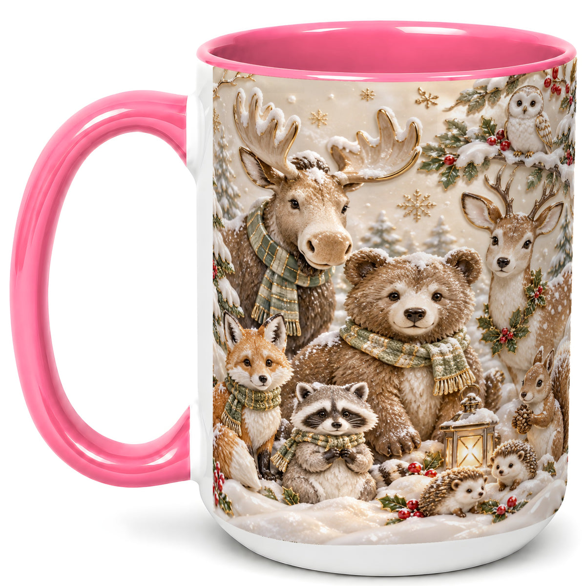 #pl[15oz|Pink] Porcelain Woodland Coffee Mug, Winter Animals Mug, Ceramic Cup