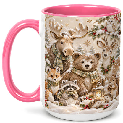 #pl[15oz|Pink] Porcelain Woodland Coffee Mug, Winter Animals Mug, Ceramic Cup