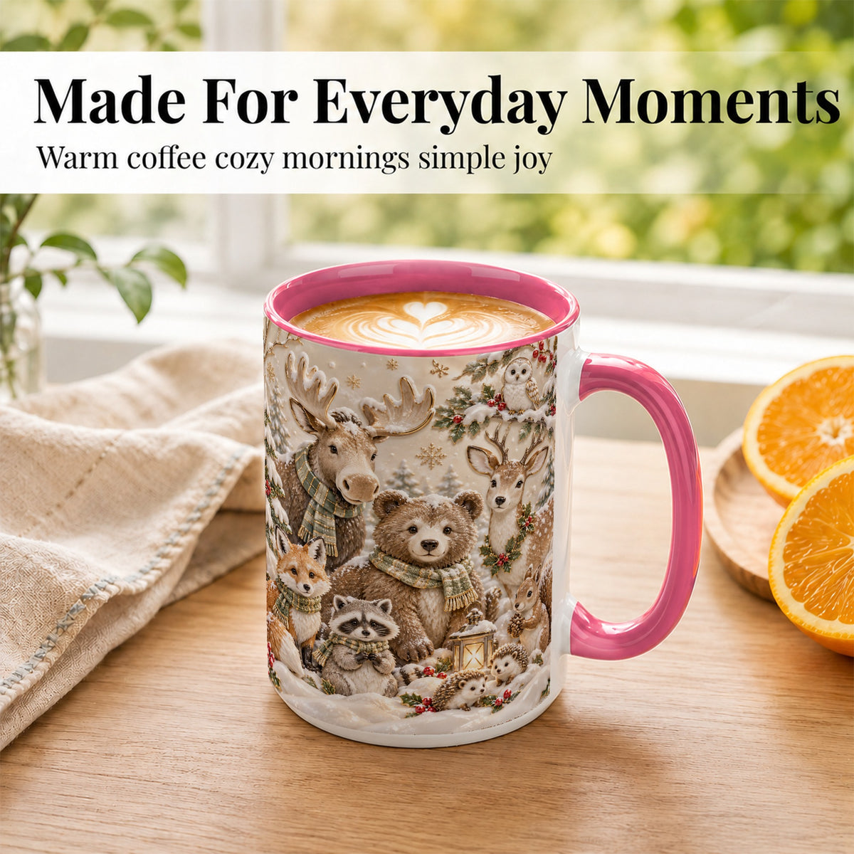 #pl[15oz|Pink] Porcelain Woodland Coffee Mug, Winter Animals Mug, Ceramic Cup
