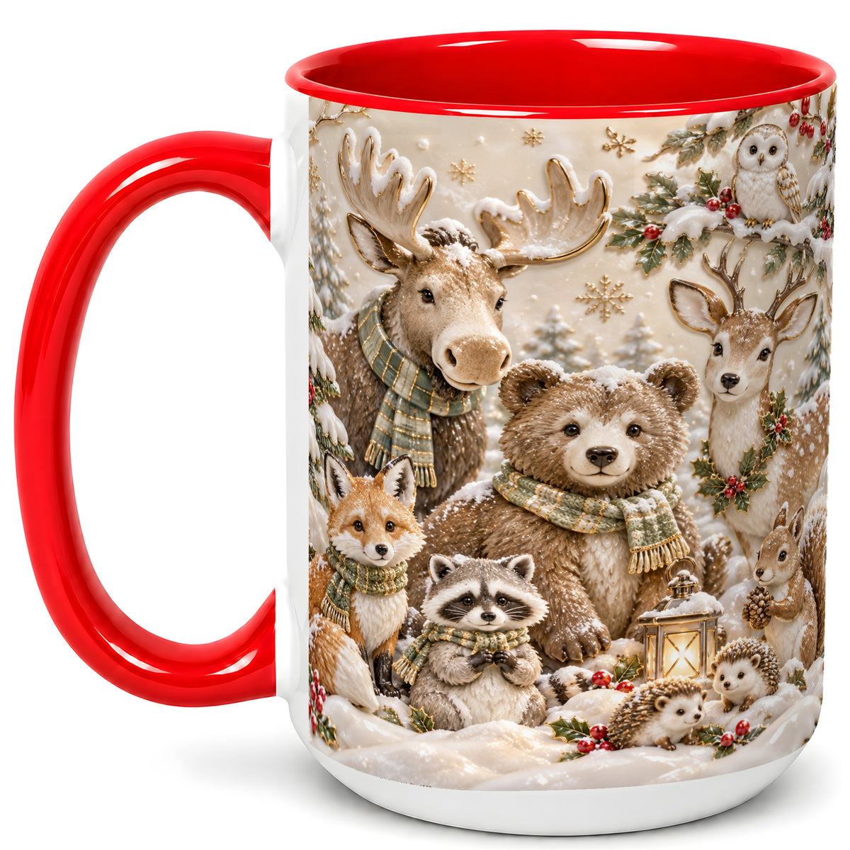 #pl[15oz|Red] Porcelain Woodland Coffee Mug, Winter Animals Mug, Ceramic Cup