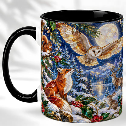 #pl[11oz|Black] Stained Glass Winter Coffee Mug, Woodland Animals Mug, Ceramic Cup