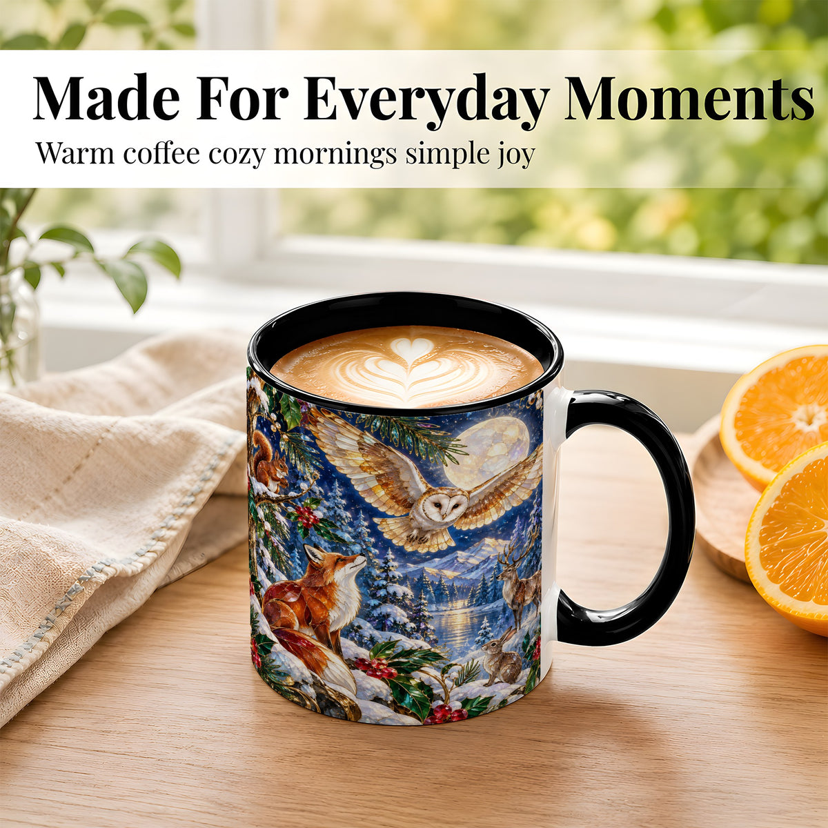 #pl[11oz|Black] Stained Glass Winter Coffee Mug, Woodland Animals Mug, Ceramic Cup