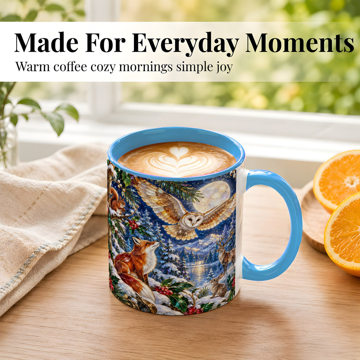 #pl[11oz|Blue] Stained Glass Winter Coffee Mug, Woodland Animals Mug, Ceramic Cup
