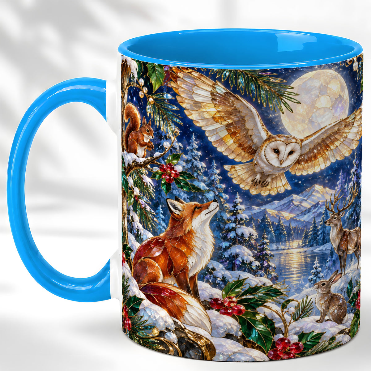 #pl[11oz|Blue] Stained Glass Winter Coffee Mug, Woodland Animals Mug, Ceramic Cup