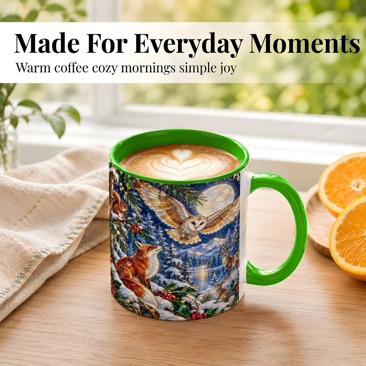 #pl[11oz|Green] Stained Glass Winter Coffee Mug, Woodland Animals Mug, Ceramic Cup