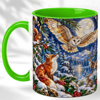 #pl[11oz|Green] Stained Glass Winter Coffee Mug, Woodland Animals Mug, Ceramic Cup