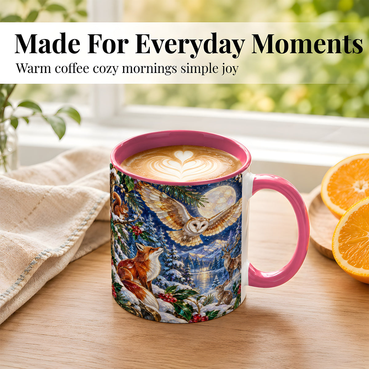 #pl[11oz|Pink] Stained Glass Winter Coffee Mug, Woodland Animals Mug, Ceramic Cup