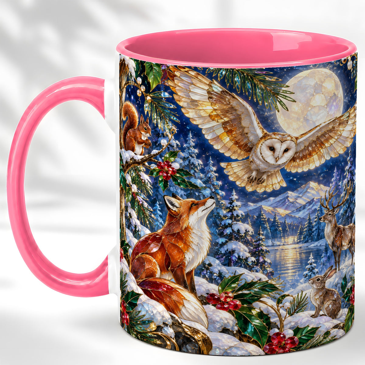 #pl[11oz|Pink] Stained Glass Winter Coffee Mug, Woodland Animals Mug, Ceramic Cup