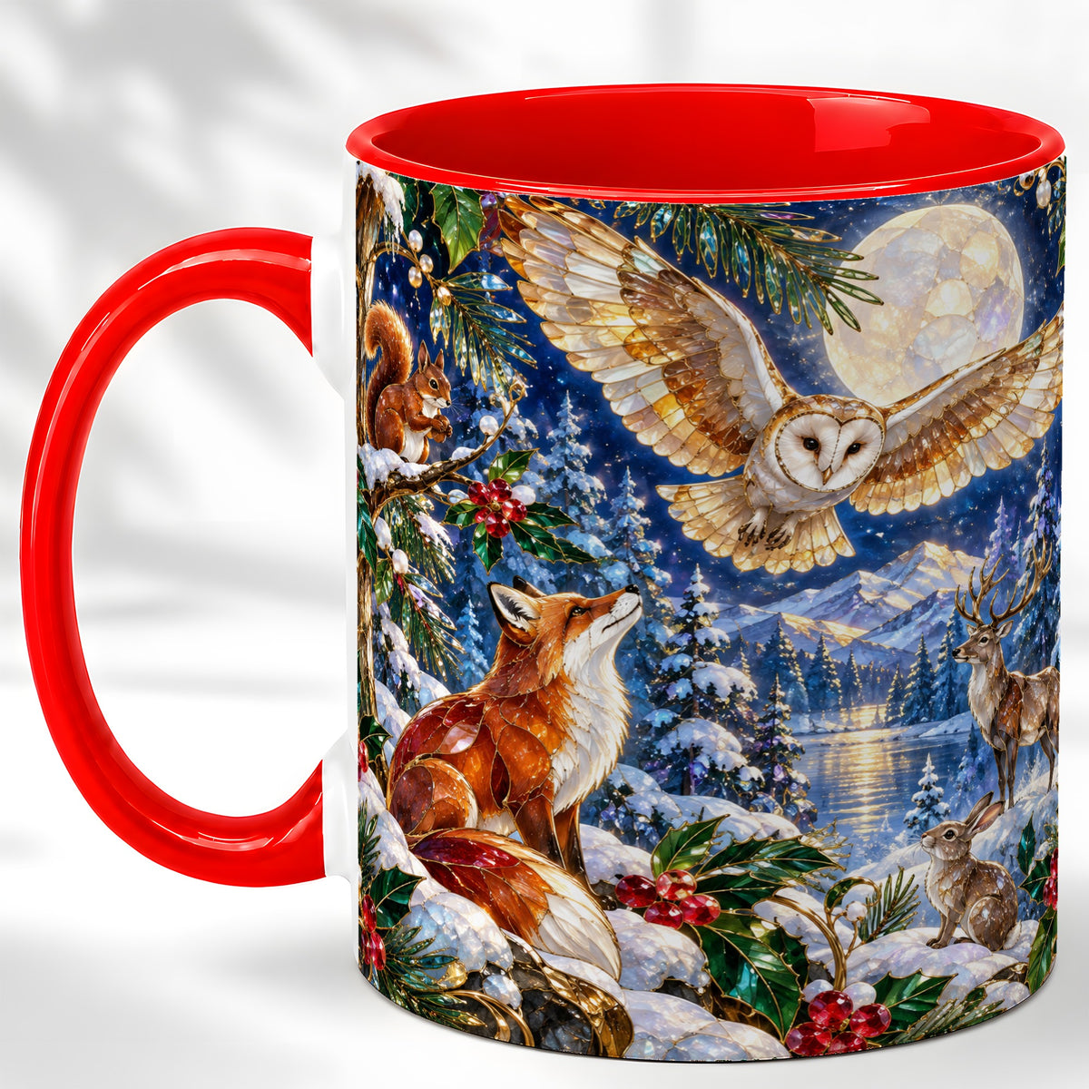 Stained Glass Winter Coffee Mug, Woodland Animals Mug, Ceramic Cup