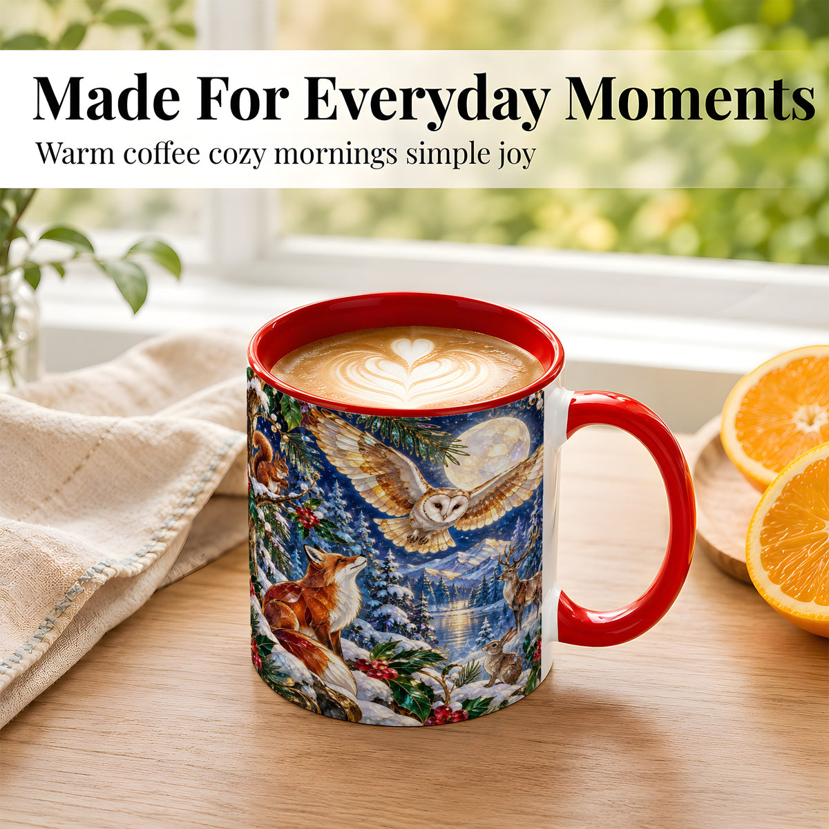#pl[11oz|Red] Stained Glass Winter Coffee Mug, Woodland Animals Mug, Ceramic Cup