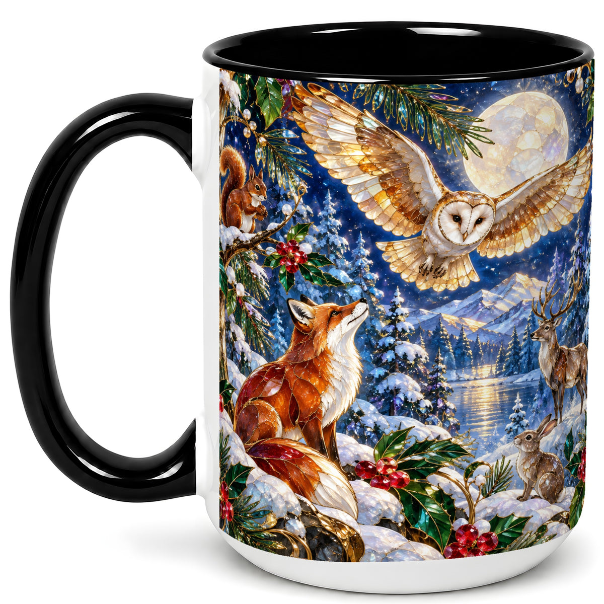 #pl[15oz|Black] Stained Glass Winter Coffee Mug, Woodland Animals Mug, Ceramic Cup