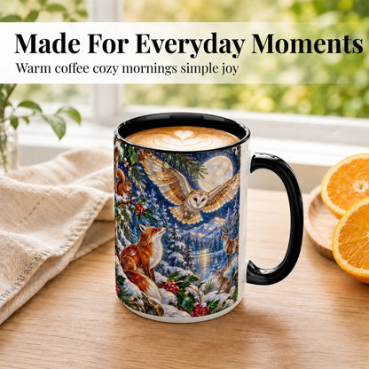 #pl[15oz|Black] Stained Glass Winter Coffee Mug, Woodland Animals Mug, Ceramic Cup