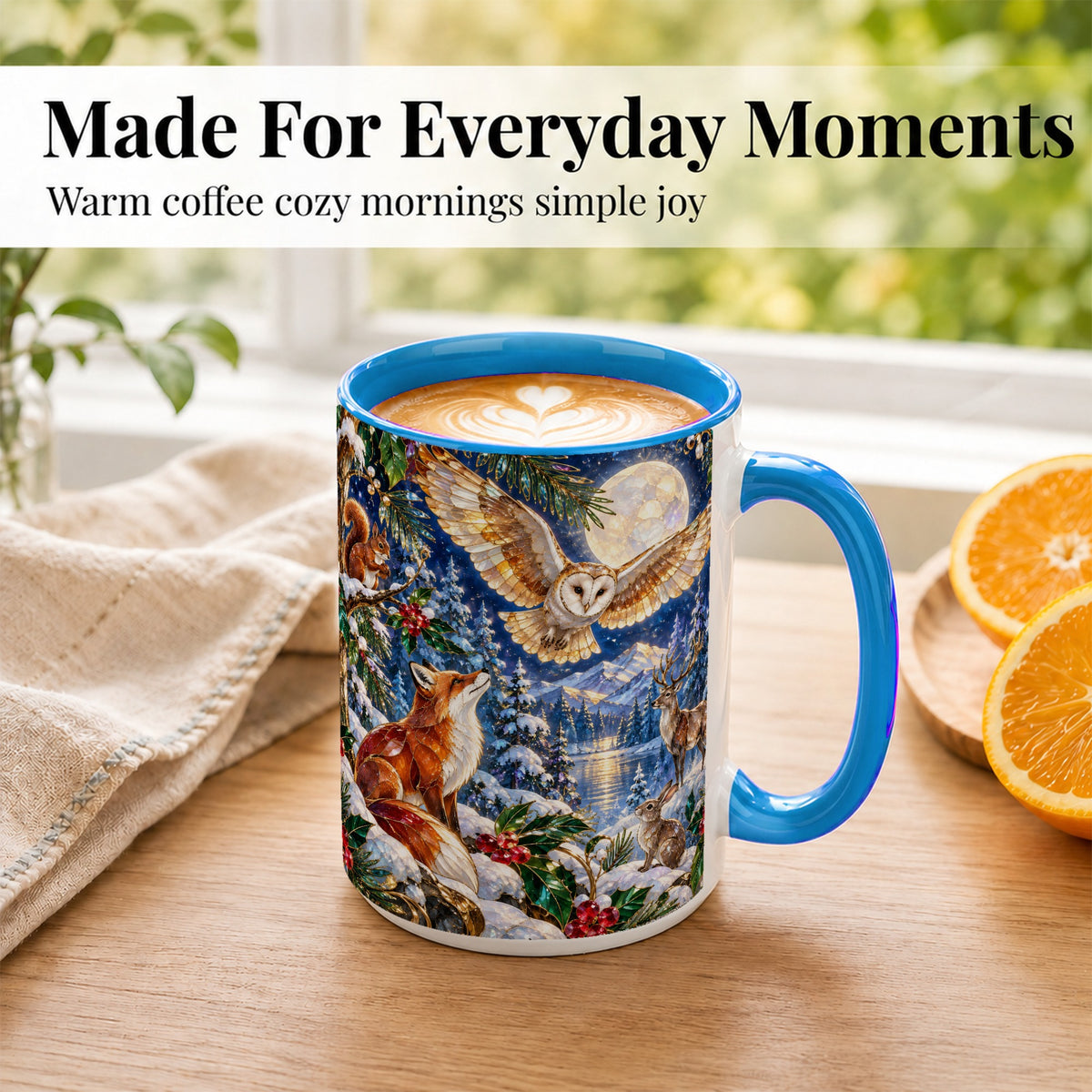 #pl[15oz|Blue] Stained Glass Winter Coffee Mug, Woodland Animals Mug, Ceramic Cup