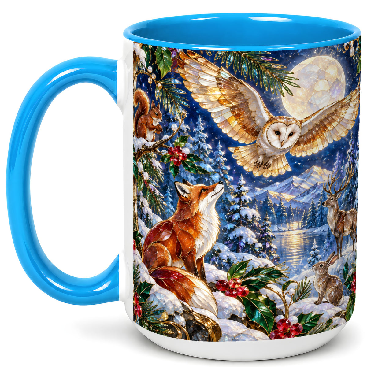 #pl[15oz|Blue] Stained Glass Winter Coffee Mug, Woodland Animals Mug, Ceramic Cup