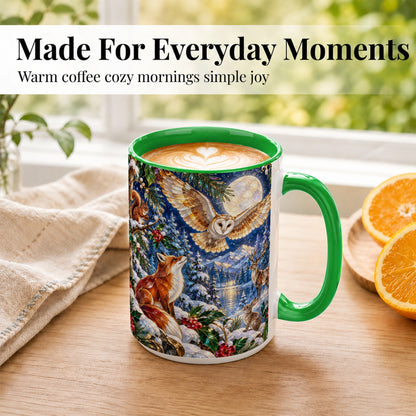 #pl[15oz|Green] Stained Glass Winter Coffee Mug, Woodland Animals Mug, Ceramic Cup