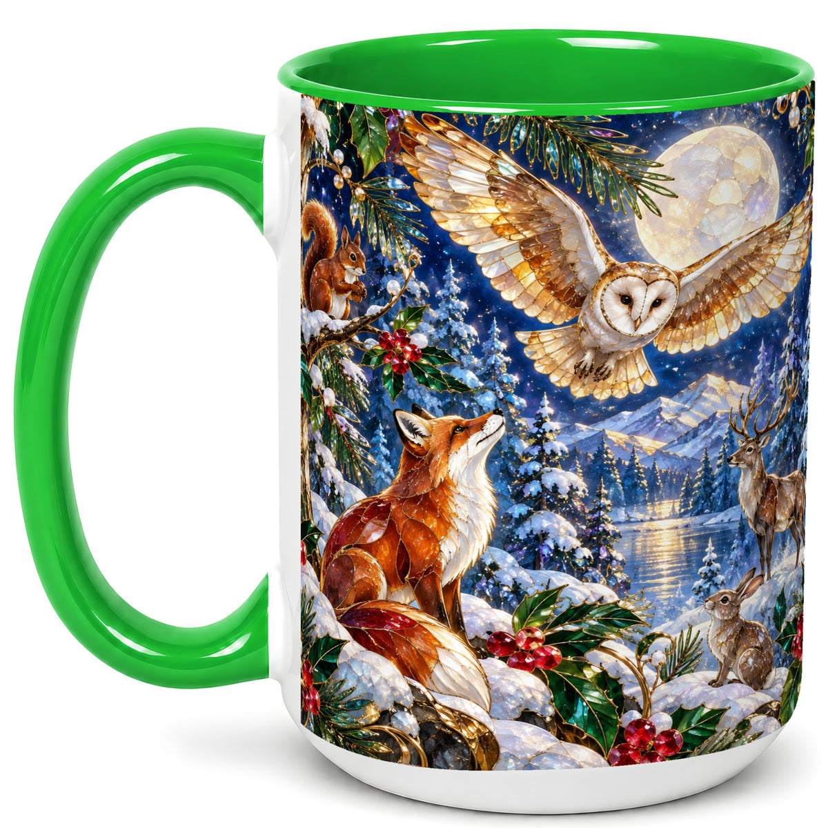 #pl[15oz|Green] Stained Glass Winter Coffee Mug, Woodland Animals Mug, Ceramic Cup