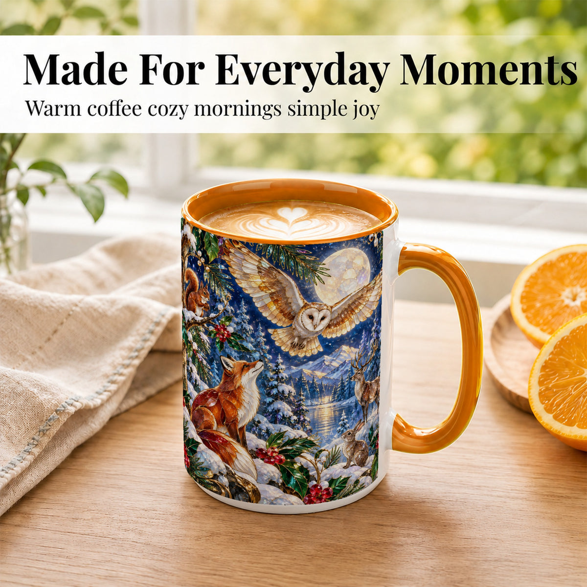 #pl[15oz|Orange] Stained Glass Winter Coffee Mug, Woodland Animals Mug, Ceramic Cup