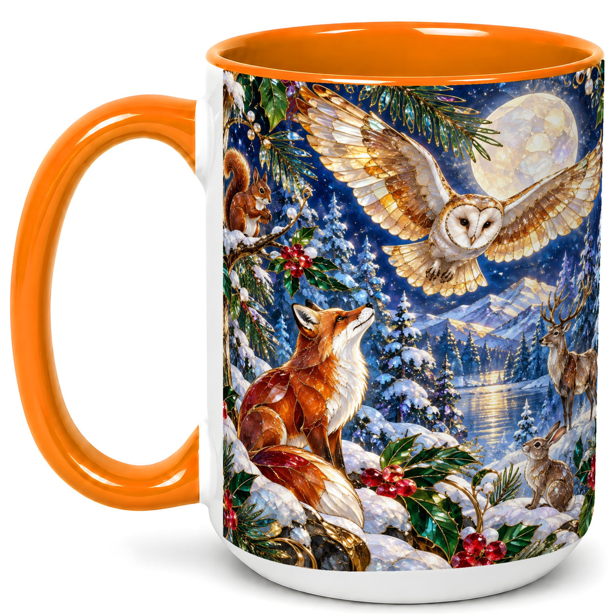 #pl[15oz|Orange] Stained Glass Winter Coffee Mug, Woodland Animals Mug, Ceramic Cup