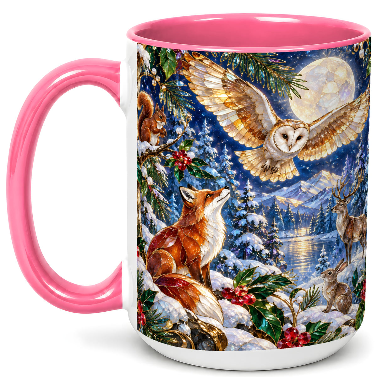 #pl[15oz|Pink] Stained Glass Winter Coffee Mug, Woodland Animals Mug, Ceramic Cup