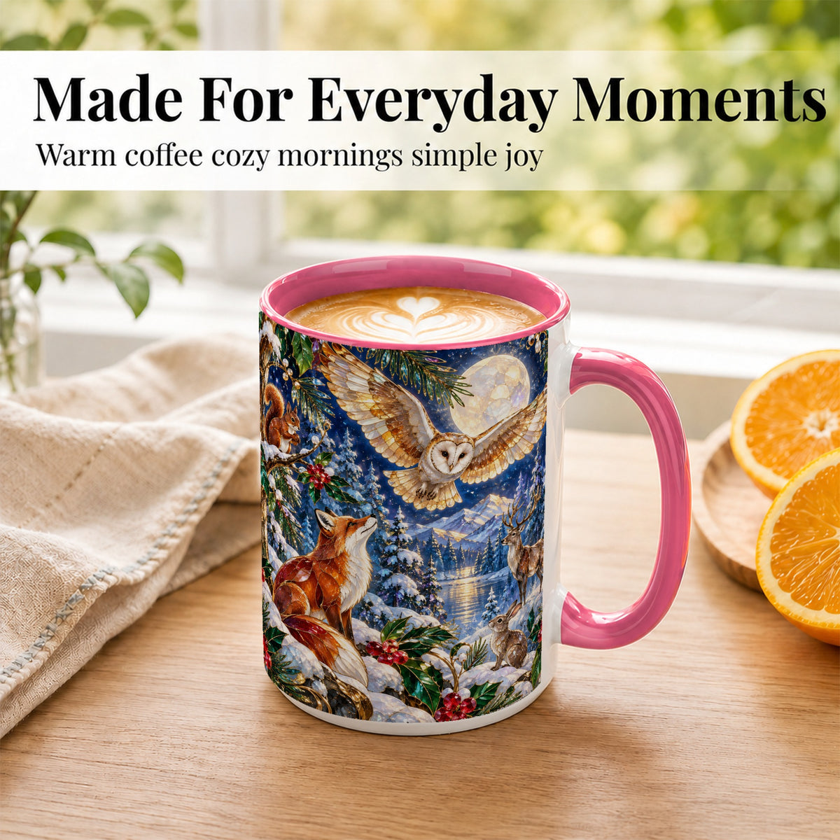 #pl[15oz|Pink] Stained Glass Winter Coffee Mug, Woodland Animals Mug, Ceramic Cup
