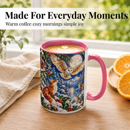#pl[15oz|Pink] Stained Glass Winter Coffee Mug, Woodland Animals Mug, Ceramic Cup