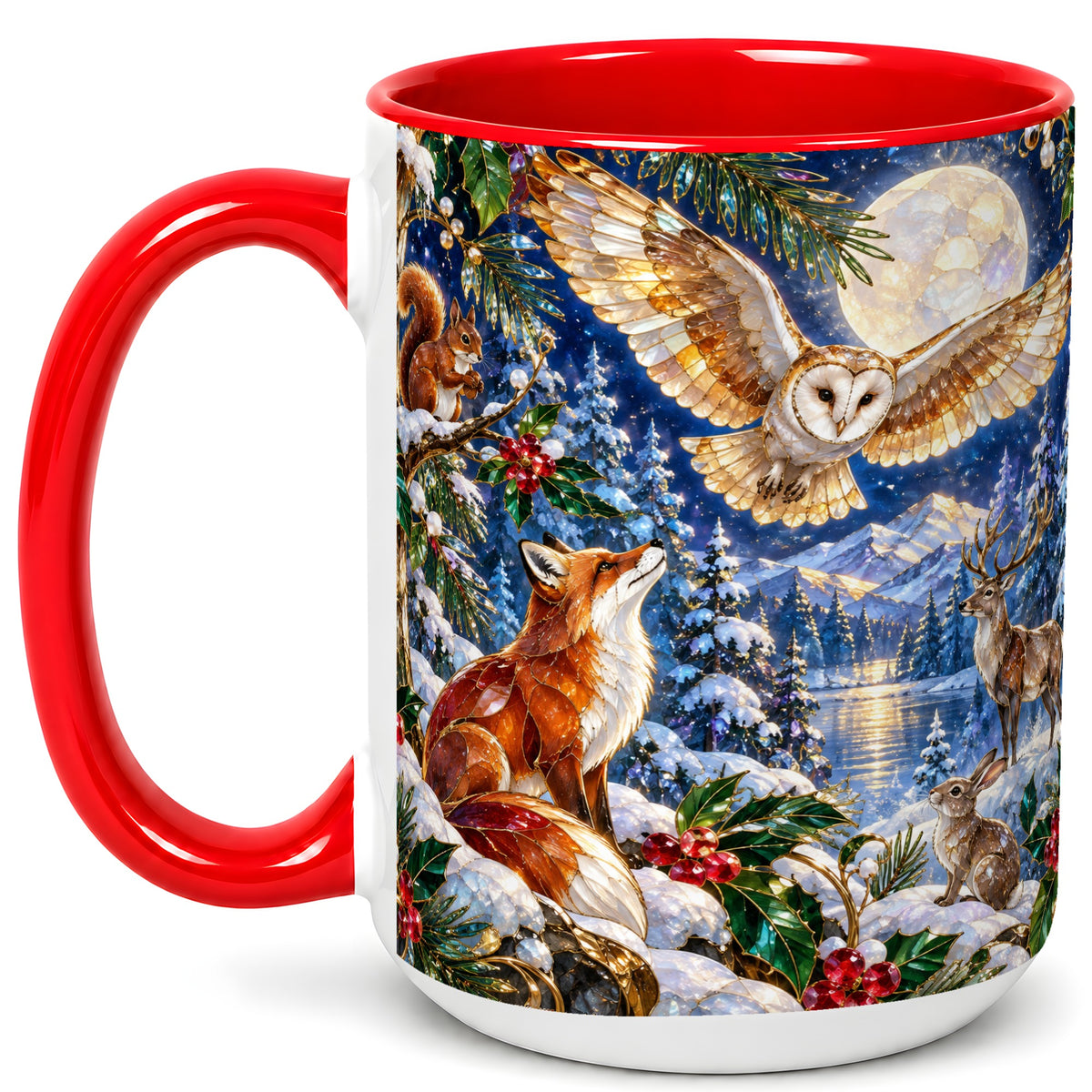#pl[15oz|Red] Stained Glass Winter Coffee Mug, Woodland Animals Mug, Ceramic Cup