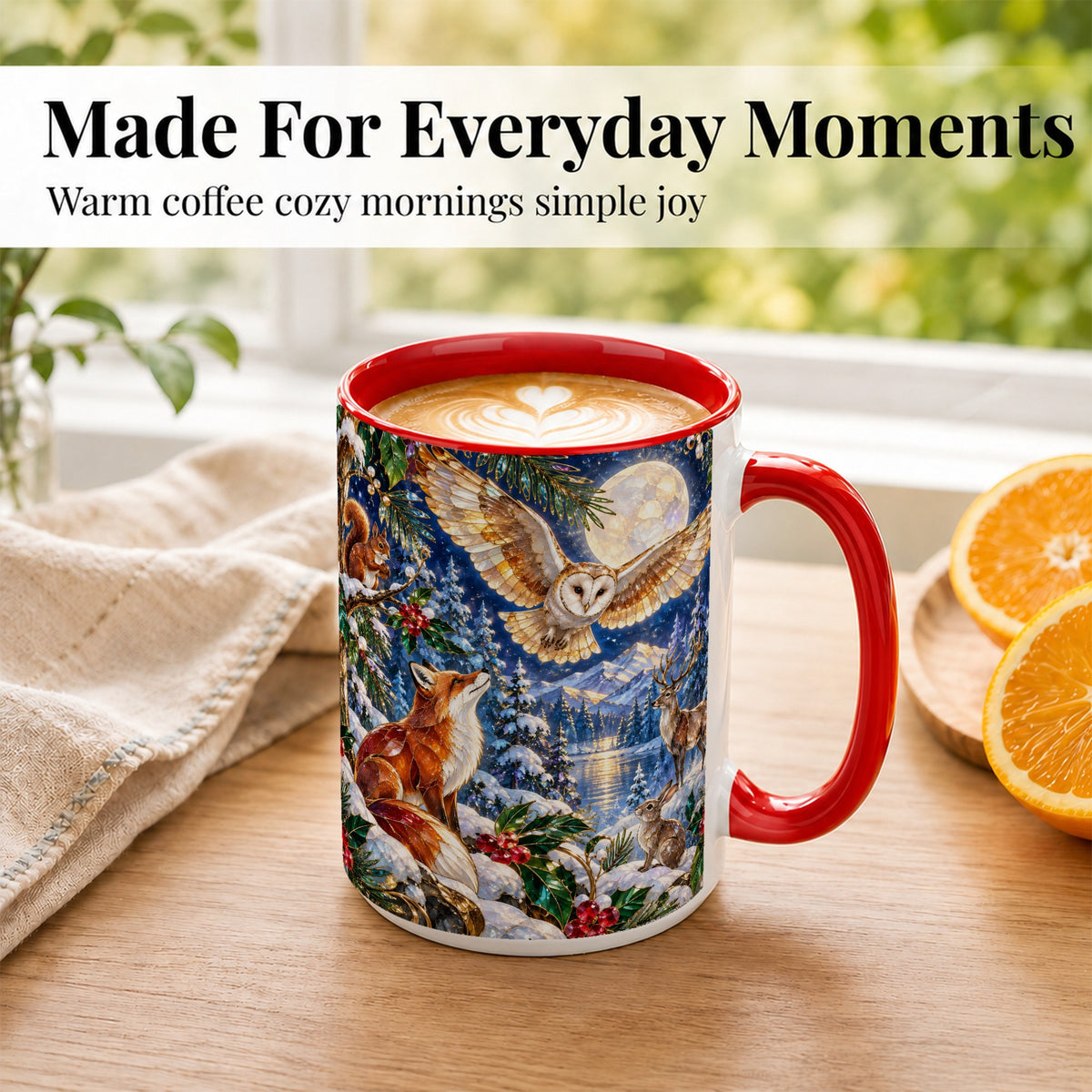 #pl[15oz|Red] Stained Glass Winter Coffee Mug, Woodland Animals Mug, Ceramic Cup